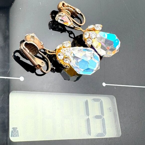 Aurora Borealis Vintage Crystal Clip-On Gold-Tone Drop Earrings Rhinestone - Picture 3 of 6